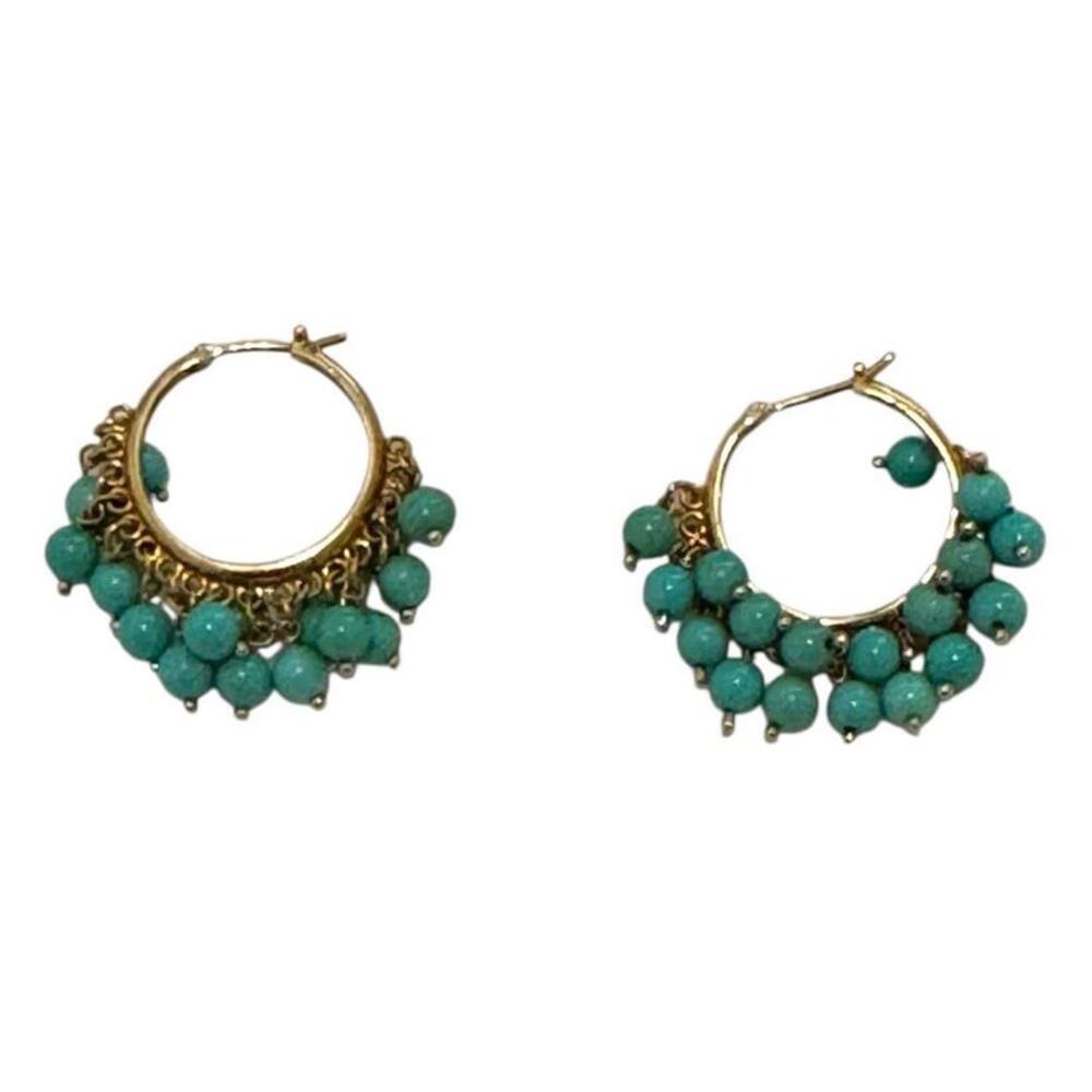 Luxury King's Jewelers 18K Gold Hoop Earrings Dangling Sleeping Beauty Turquoise
